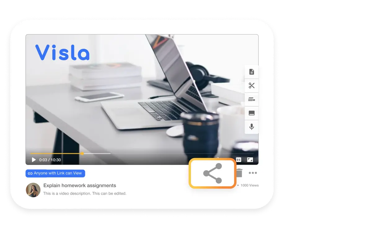 Visla screen recording software interface with a sharing option highlighted, demonstrating how users can easily share their screen recordings.